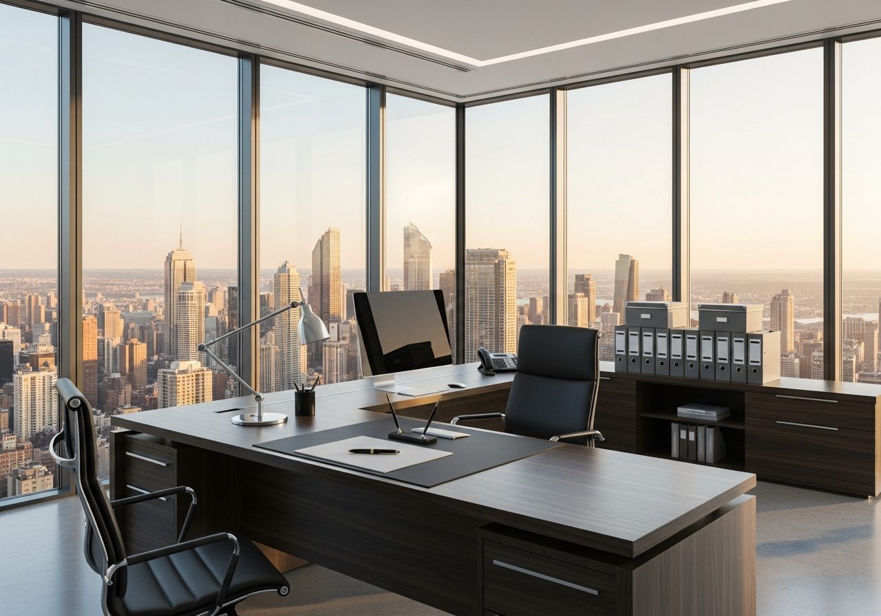 Executive office packed with color-coded boxes